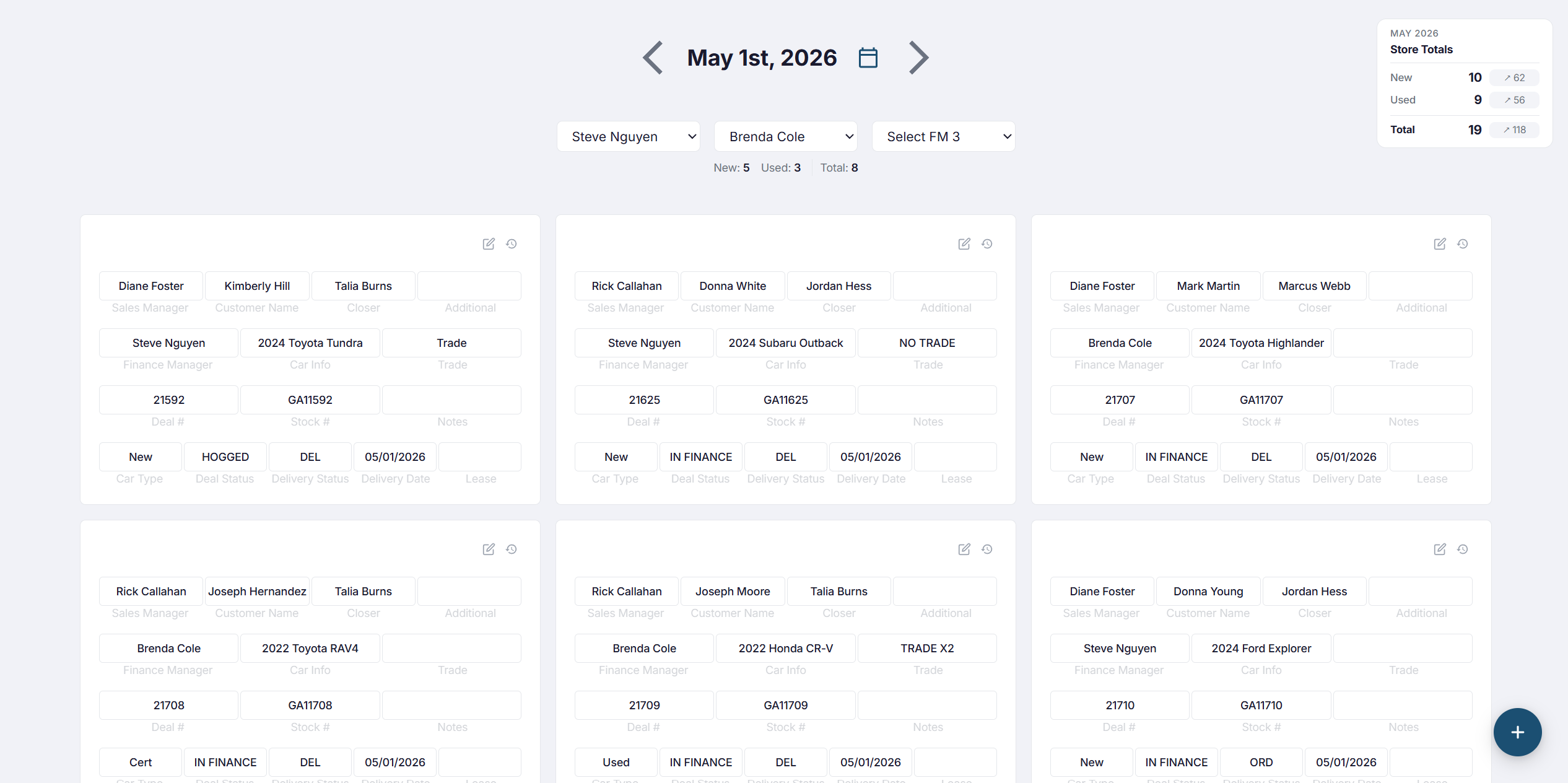 DealSync deal row expanded showing inline editing for customer name, vehicle, gross, and status