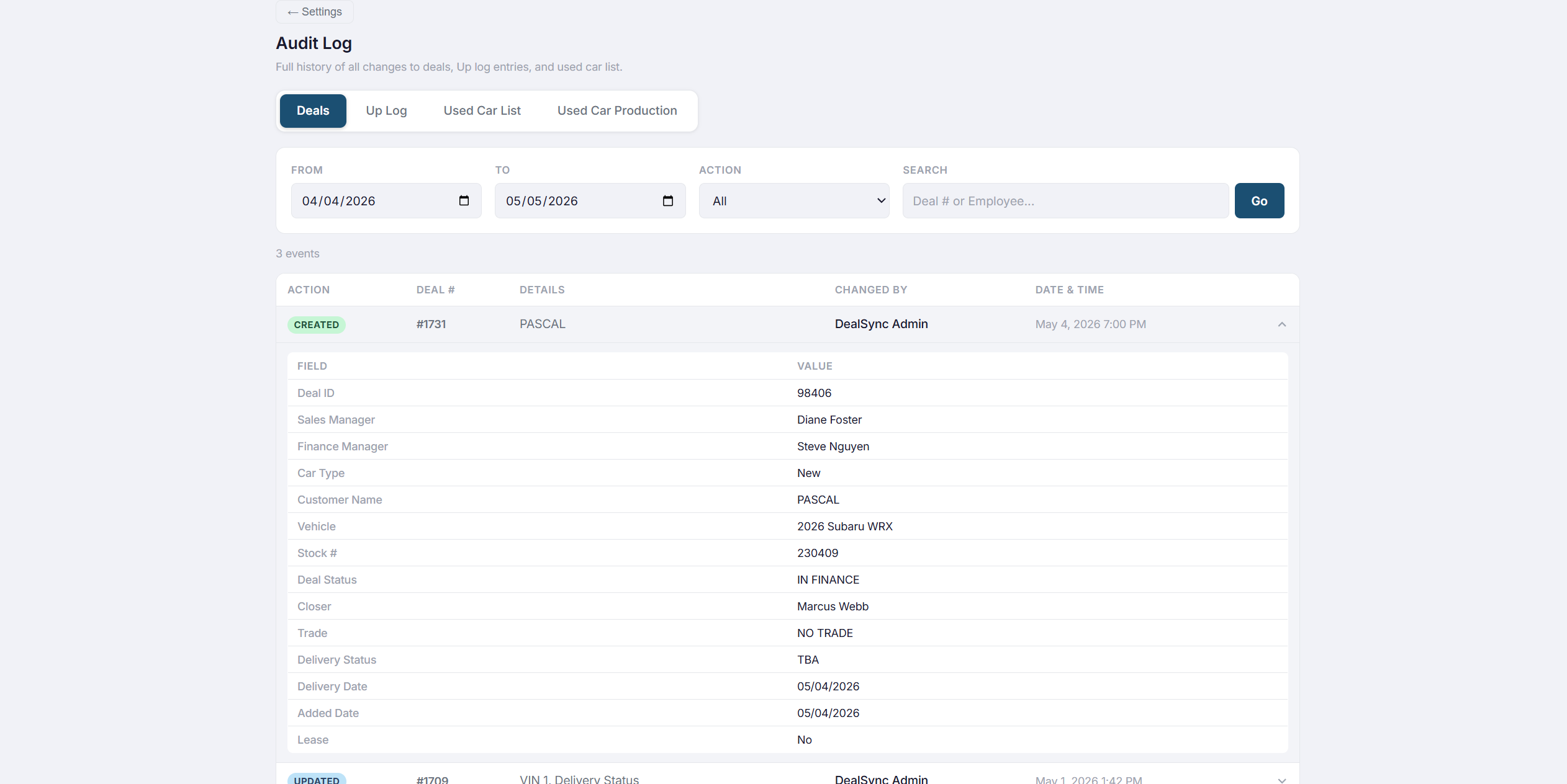 DealSync deal audit log showing field changes with user attribution and timestamps