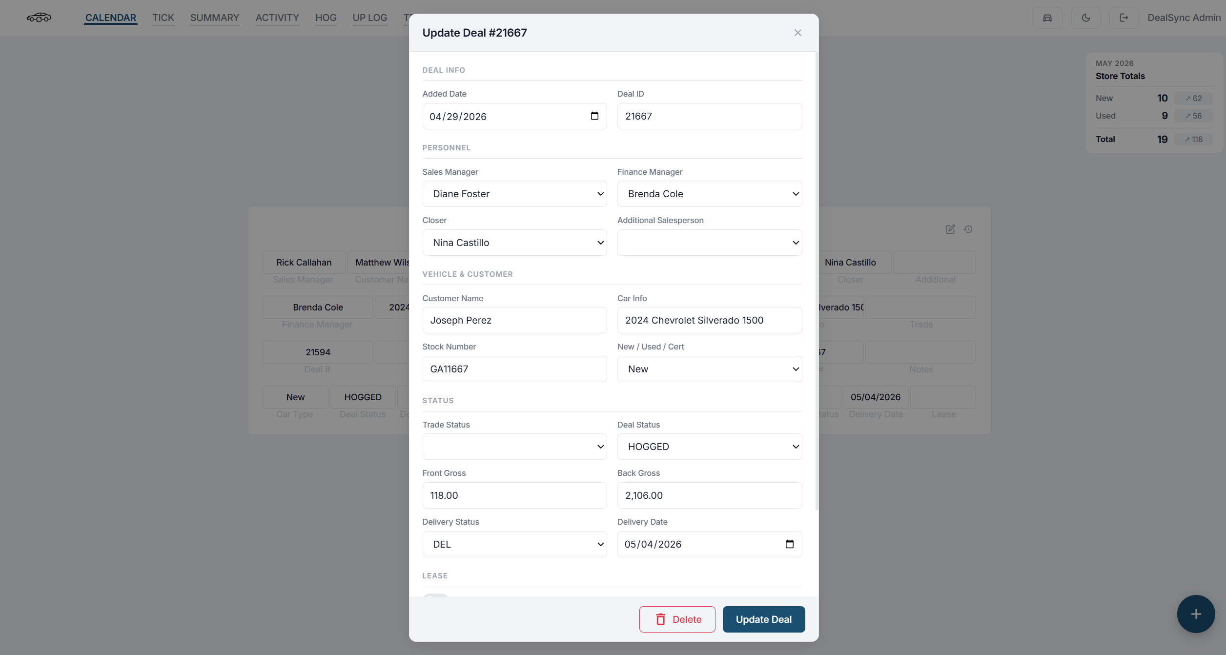 DealSync deal row expanded showing inline editing fields for customer, vehicle, gross, and status