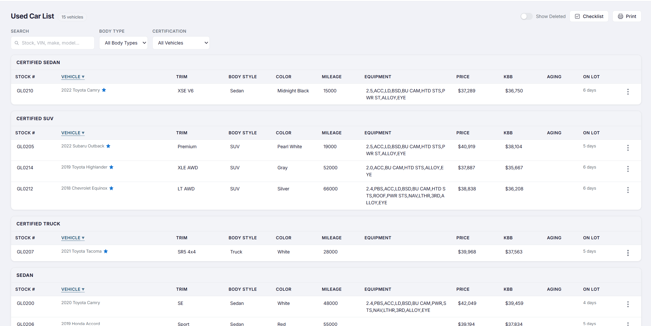 DealSync used car list showing vehicles with stock numbers, days on lot, and status badges